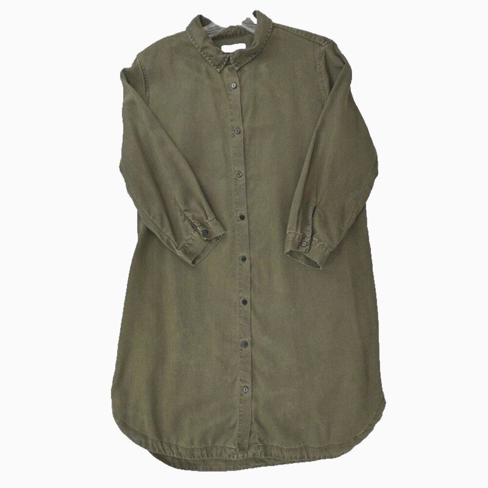 Zara Woman Denim Button Front Shirt Dress Large Army Green 3/4 Sleeves Lyocell - Picture 4 of 11